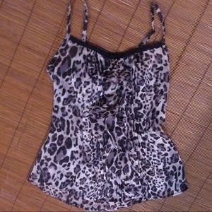 Guess Semi Sheer Cheetah Top Ruffles Pleats & Lace